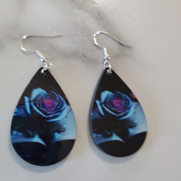Blue Rose on Book Teardrop Earrings - Picture 3 of 8